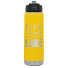 Laser etched yellow 20 oz vacuum insulated water bottle with 'Life is Better at the Lake' design