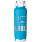 Laser etched aqua 24 oz vacuum insulated water bottle with 'Life is Better at the Lake' design