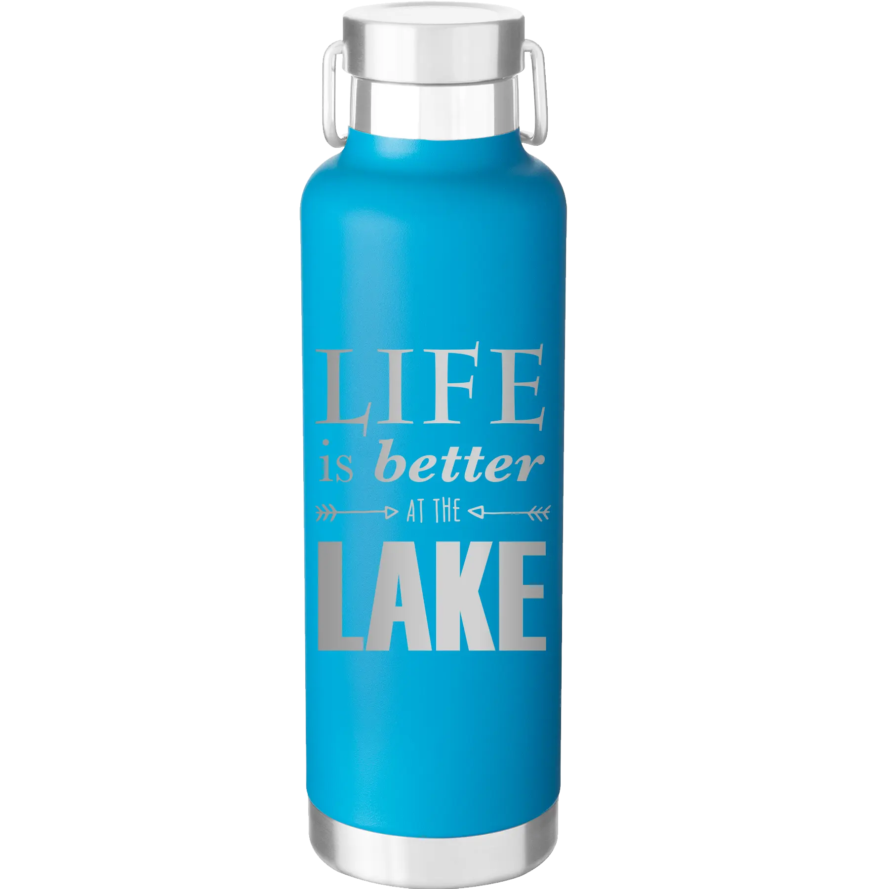 Laser etched aqua 24 oz vacuum insulated water bottle with 'Life is Better at the Lake' design