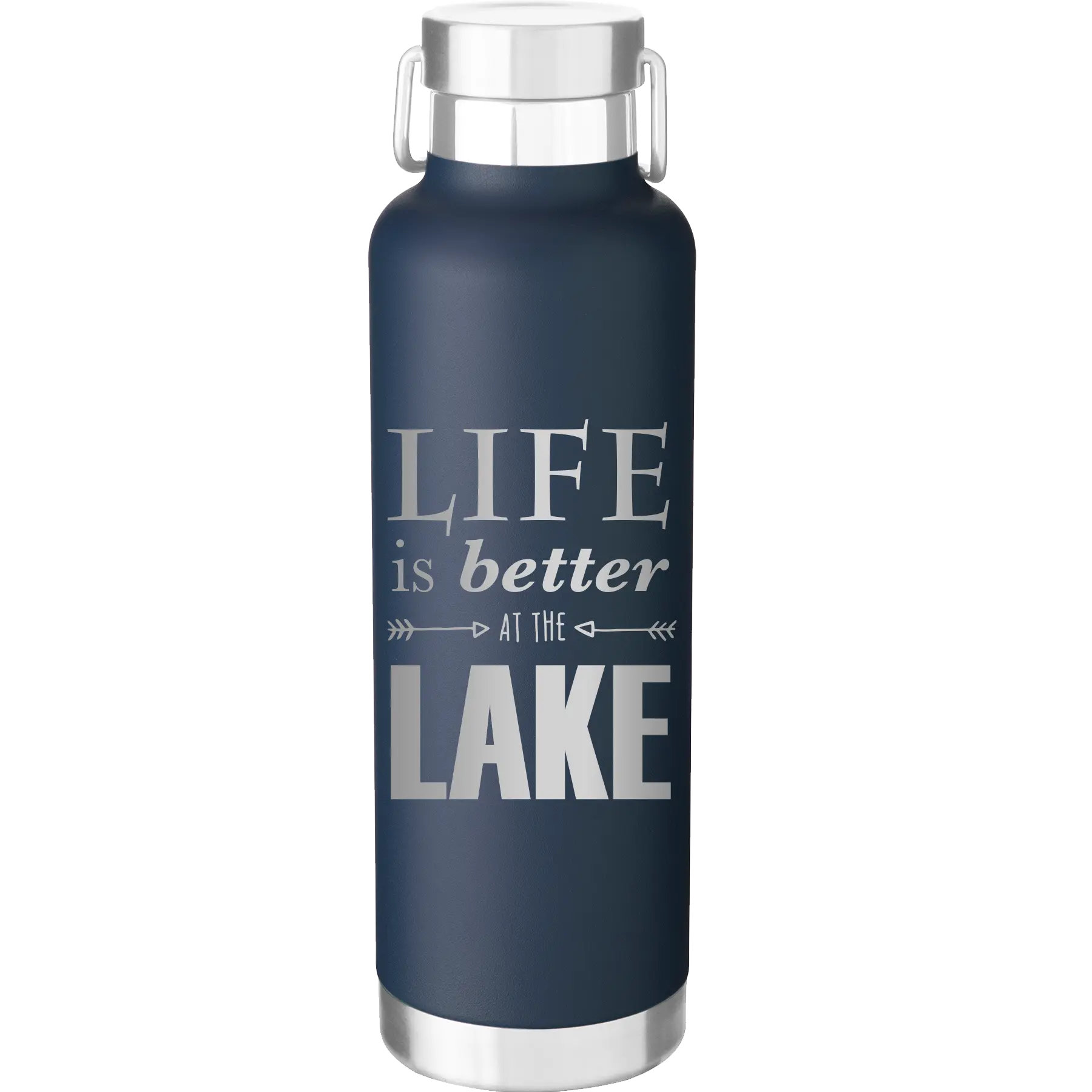 Laser etched navy 24 oz vacuum insulated water bottle with 'Life is Better at the Lake' design