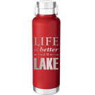 Laser etched red 24 oz vacuum insulated water bottle with 'Life is Better at the Lake' design