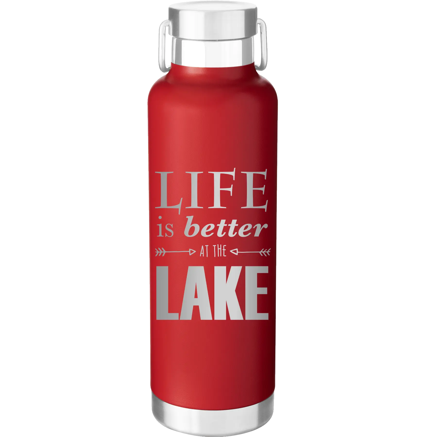 Laser etched red 24 oz vacuum insulated water bottle with 'Life is Better at the Lake' design