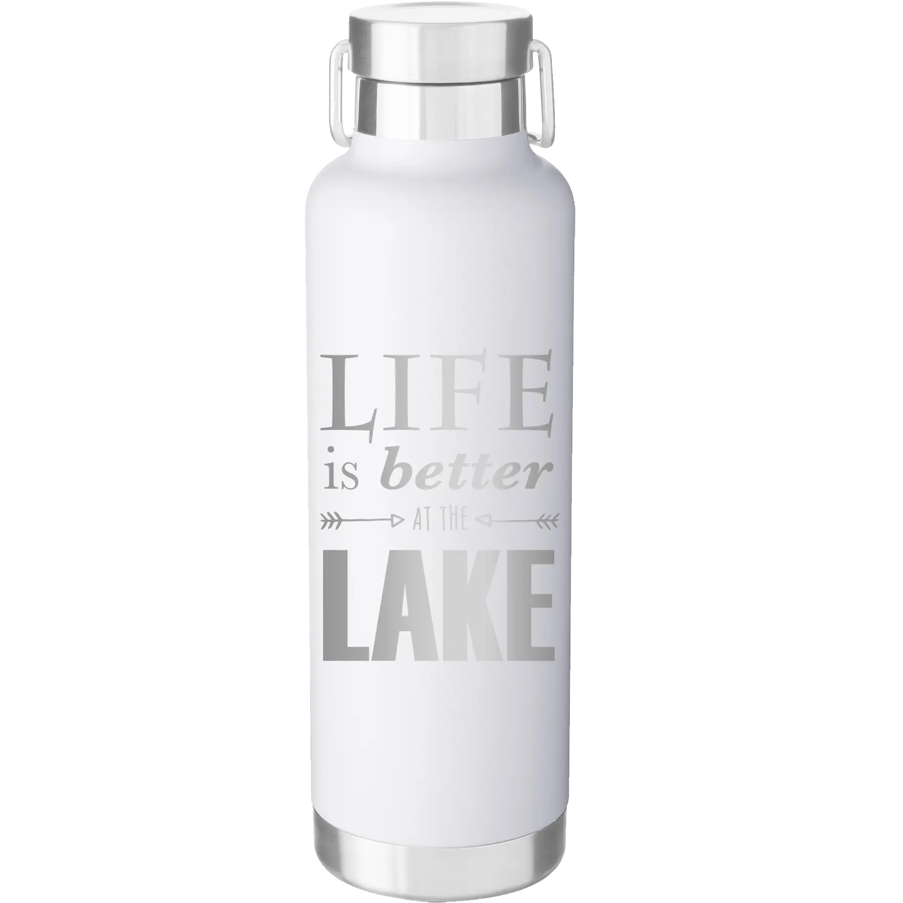 Laser etched white 24 oz vacuum insulated water bottle with 'Life is Better at the Lake' design