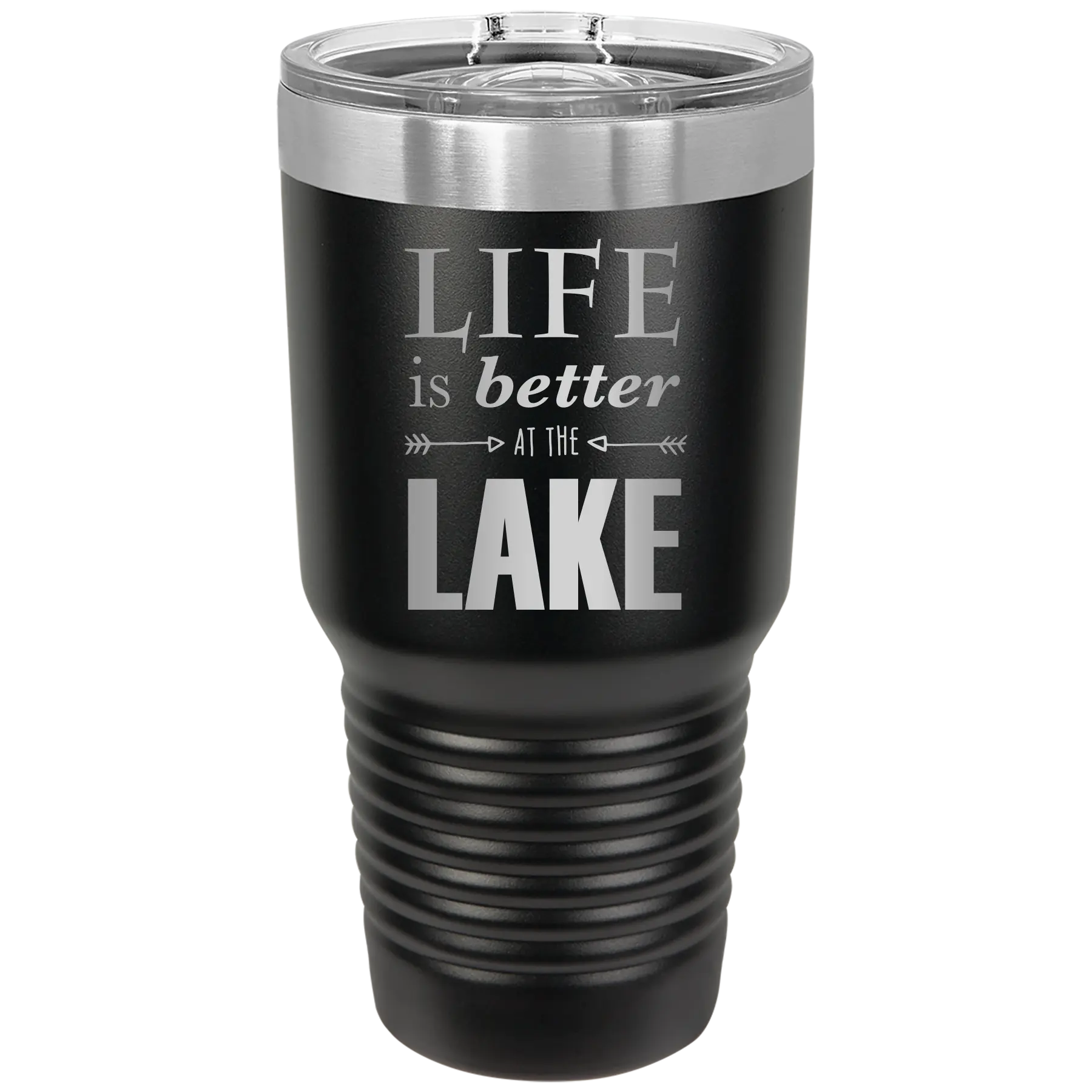 Laser etched black 30 oz vacuum insulated tumbler with 'Life is Better at the Lake' design