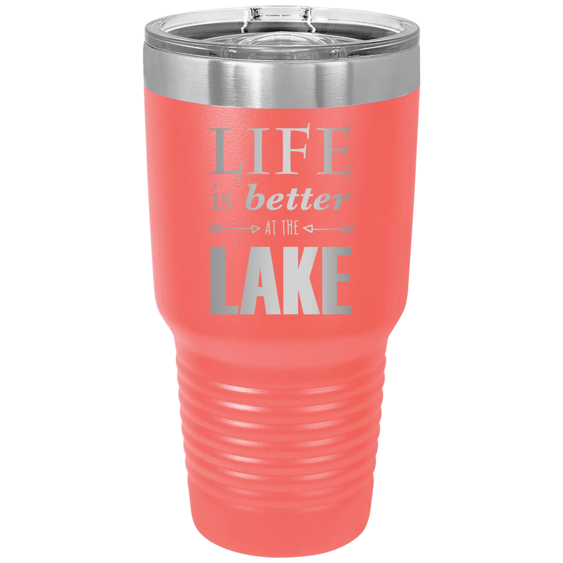 Laser etched coral 30 oz vacuum insulated tumbler with 'Life is Better at the Lake' design