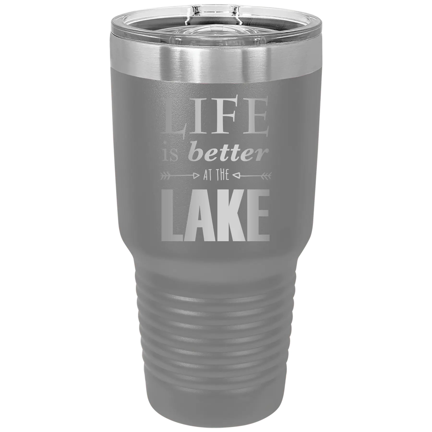 Laser etched dark gray 30 oz vacuum insulated tumbler with 'Life is Better at the Lake' design