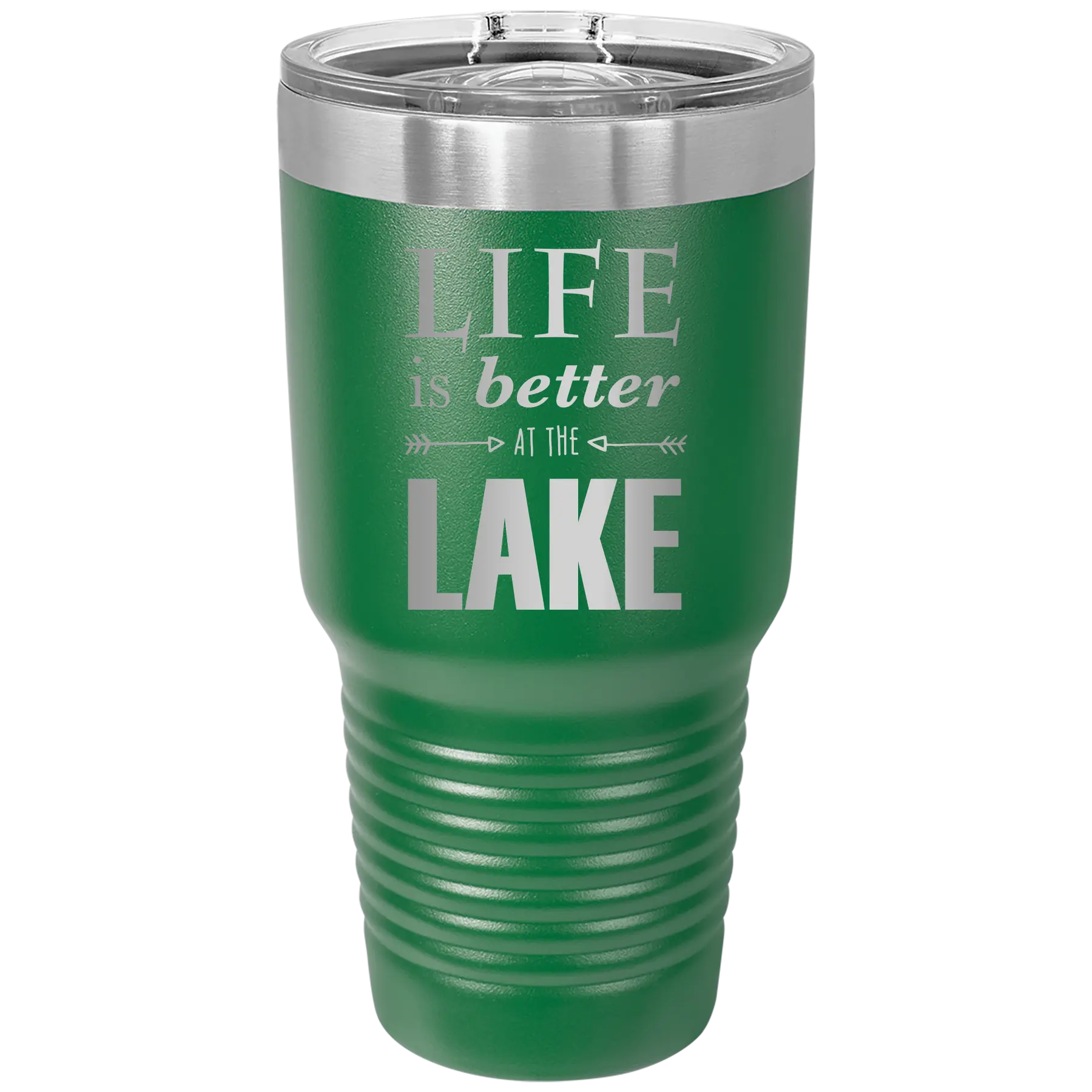 Laser etched green 30 oz vacuum insulated tumbler with 'Life is Better at the Lake' design