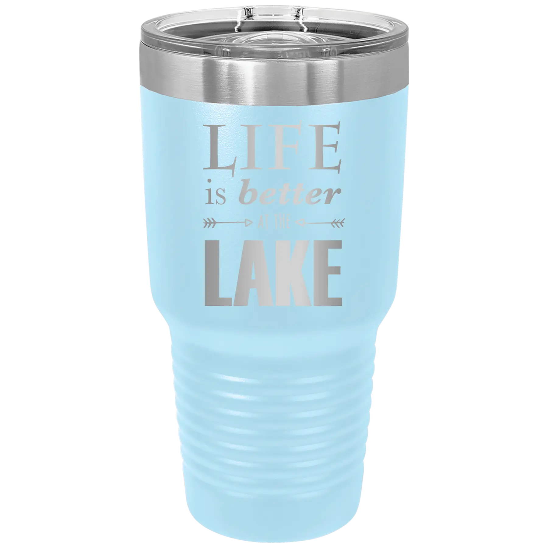 Laser etched light blue 30 oz vacuum insulated tumbler with 'Life is Better at the Lake' design
