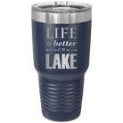 Laser etched navy 30 oz vacuum insulated tumbler with 'Life is Better at the Lake' design