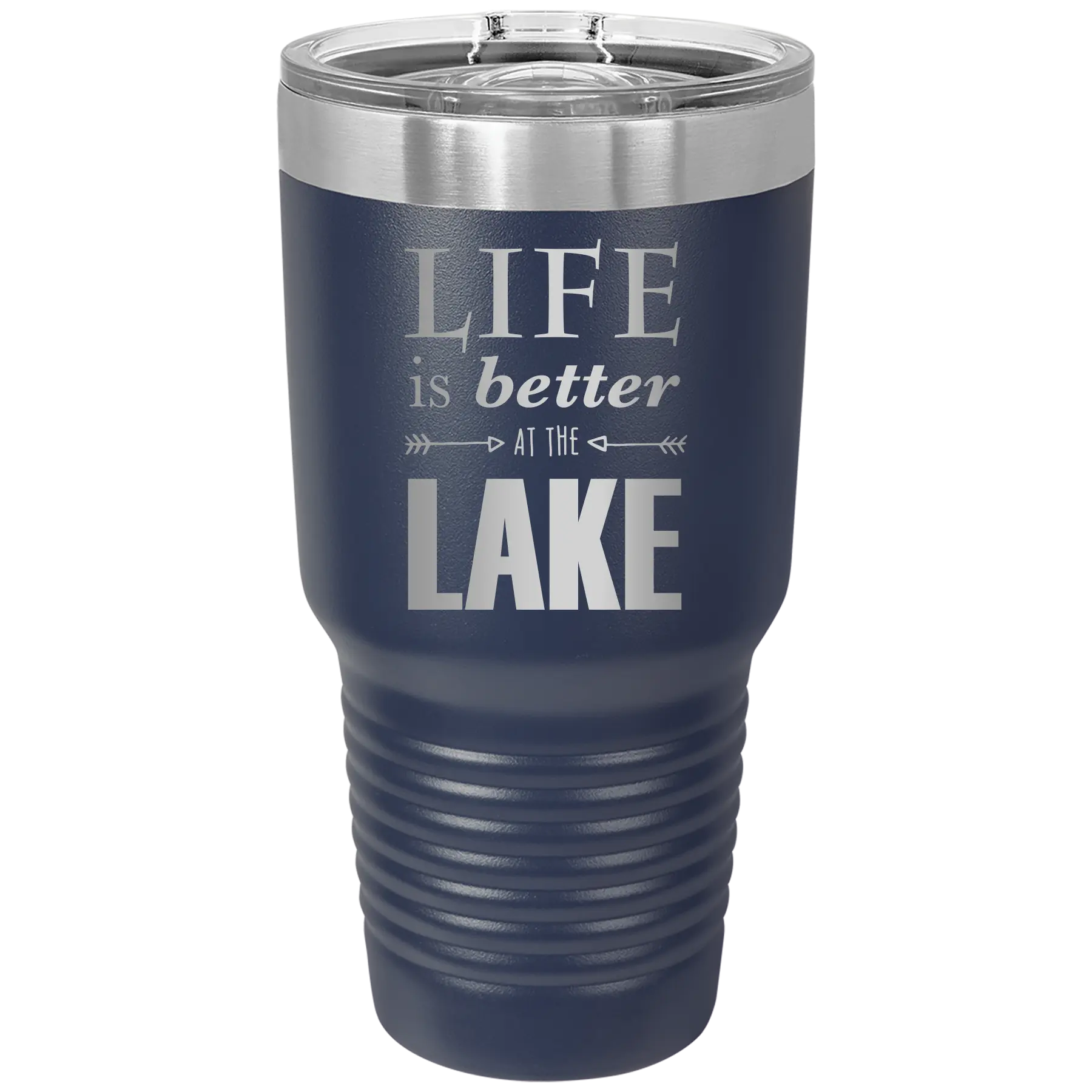 Laser etched navy 30 oz vacuum insulated tumbler with 'Life is Better at the Lake' design