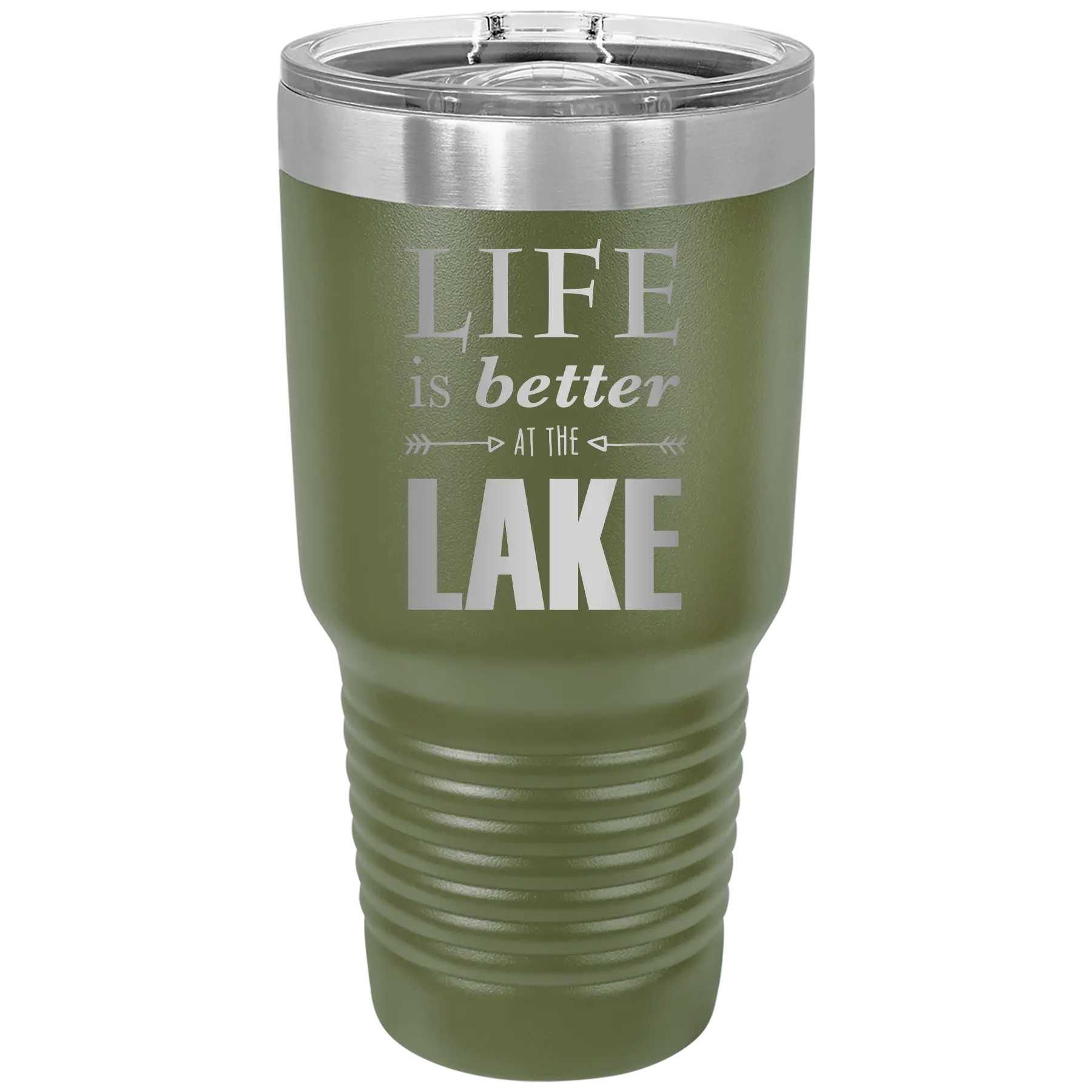 Laser etched olive green 30 oz vacuum insulated tumbler with 'Life is Better at the Lake' design