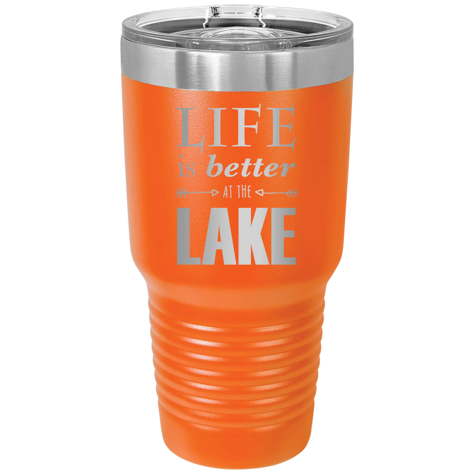 Laser etched orange 30 oz vacuum insulated tumbler with 'Life is Better at the Lake' design