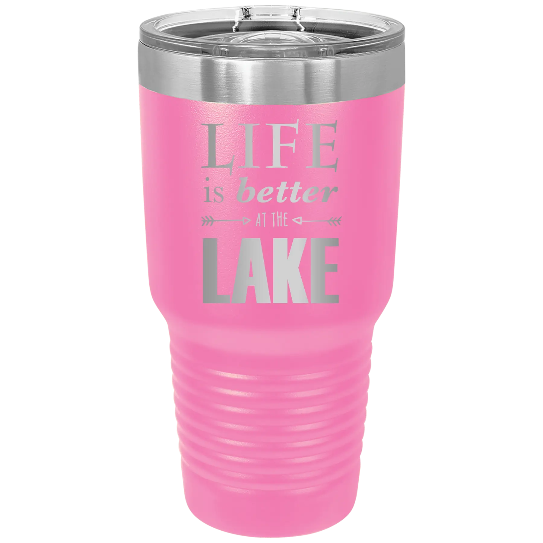 Laser etched pink 30 oz vacuum insulated tumbler with 'Life is Better at the Lake' design