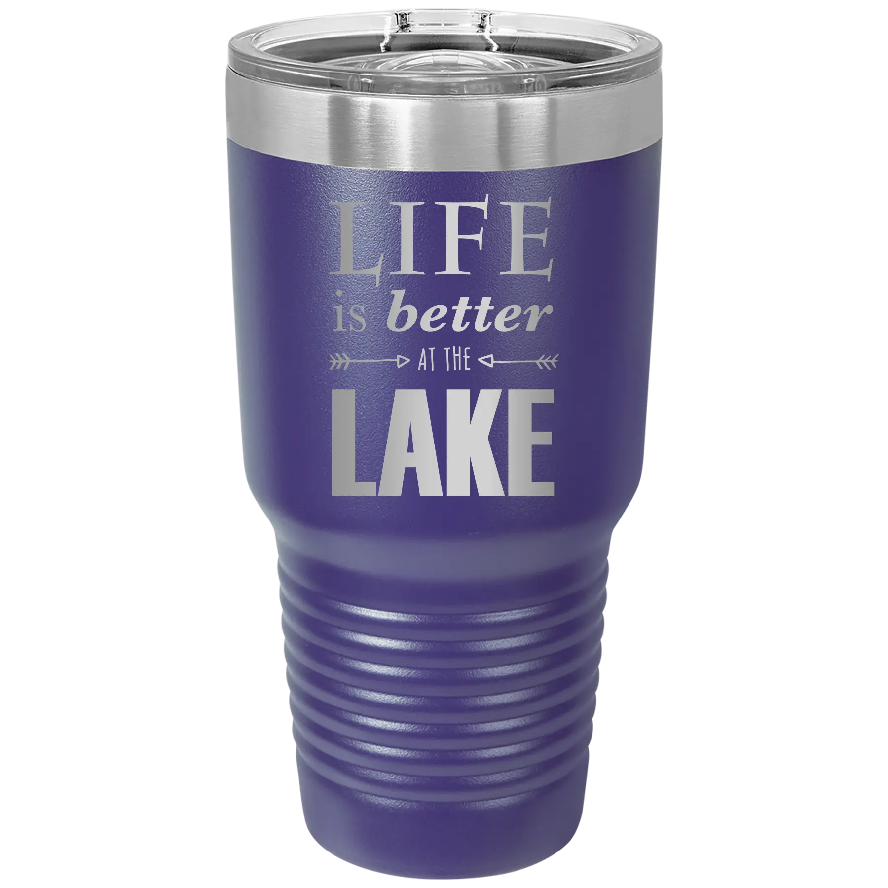 Laser etched purple 30 oz vacuum insulated tumbler with 'Life is Better at the Lake' design