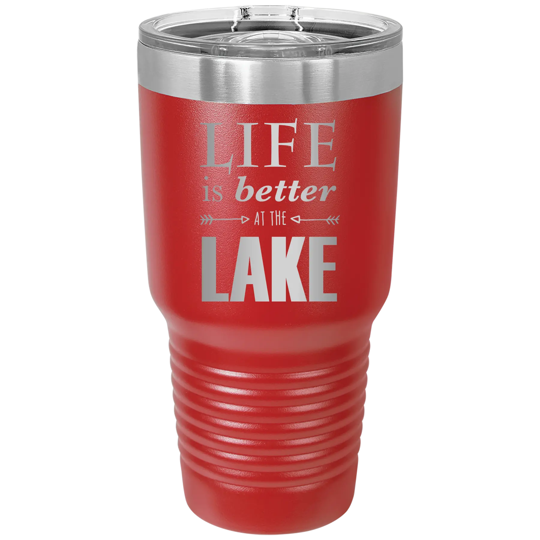 Laser etched red 30 oz vacuum insulated tumbler with 'Life is Better at the Lake' design