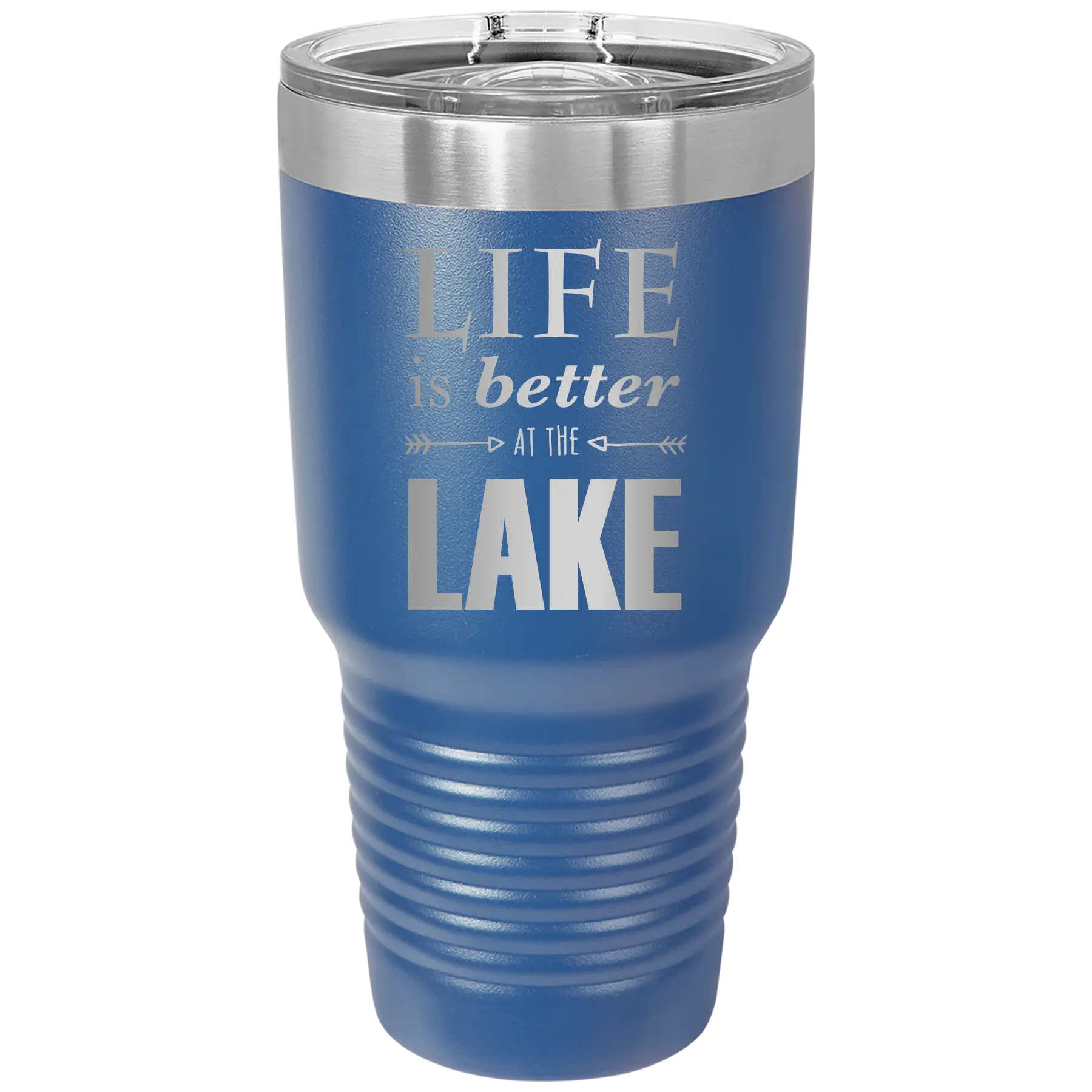 Laser etched royal blue 30 oz vacuum insulated tumbler with 'Life is Better at the Lake' design