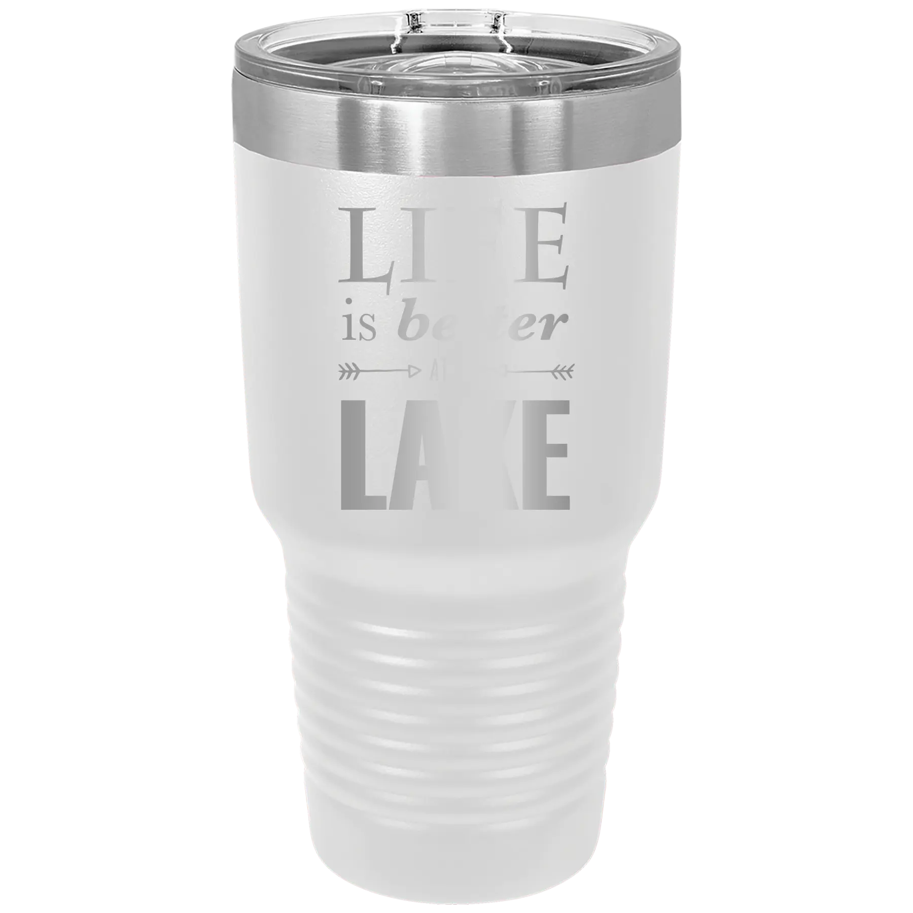 Laser etched white 30 oz vacuum insulated tumbler with 'Life is Better at the Lake' design
