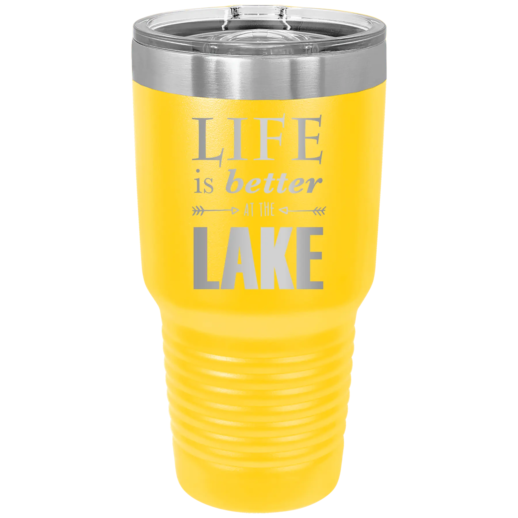 Laser etched yellow 30 oz vacuum insulated tumbler with 'Life is Better at the Lake' design