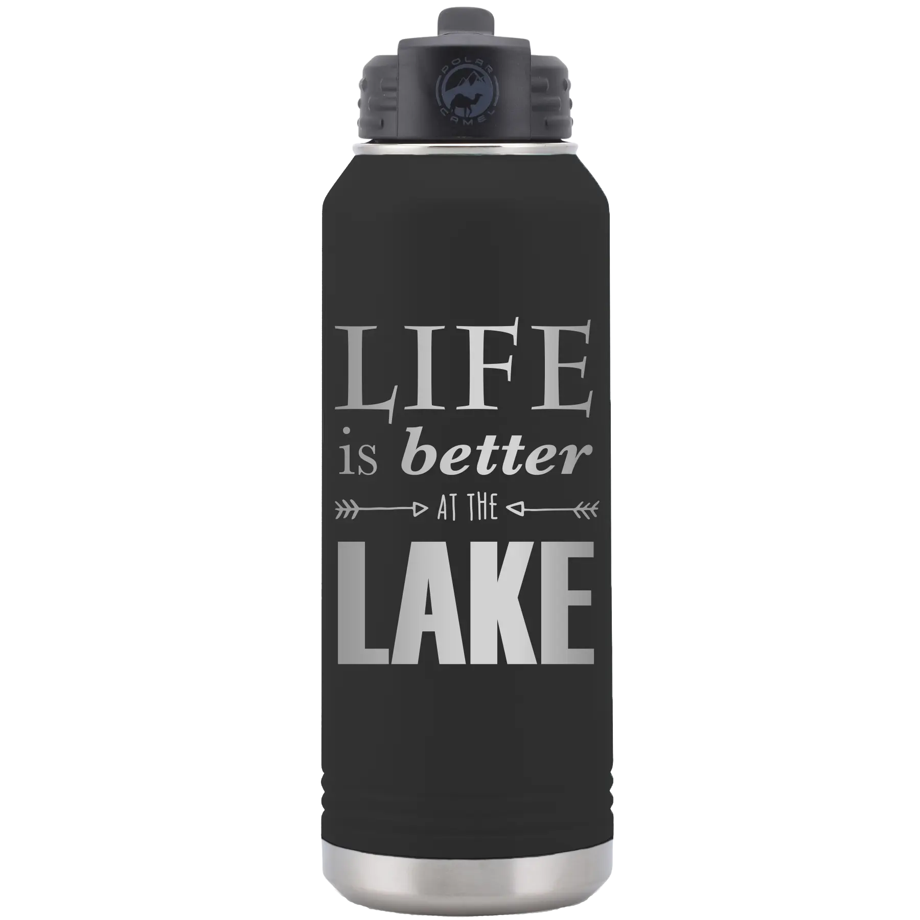 Laser etched black 32 oz vacuum insulated water bottle with 'Life is Better at the Lake' design