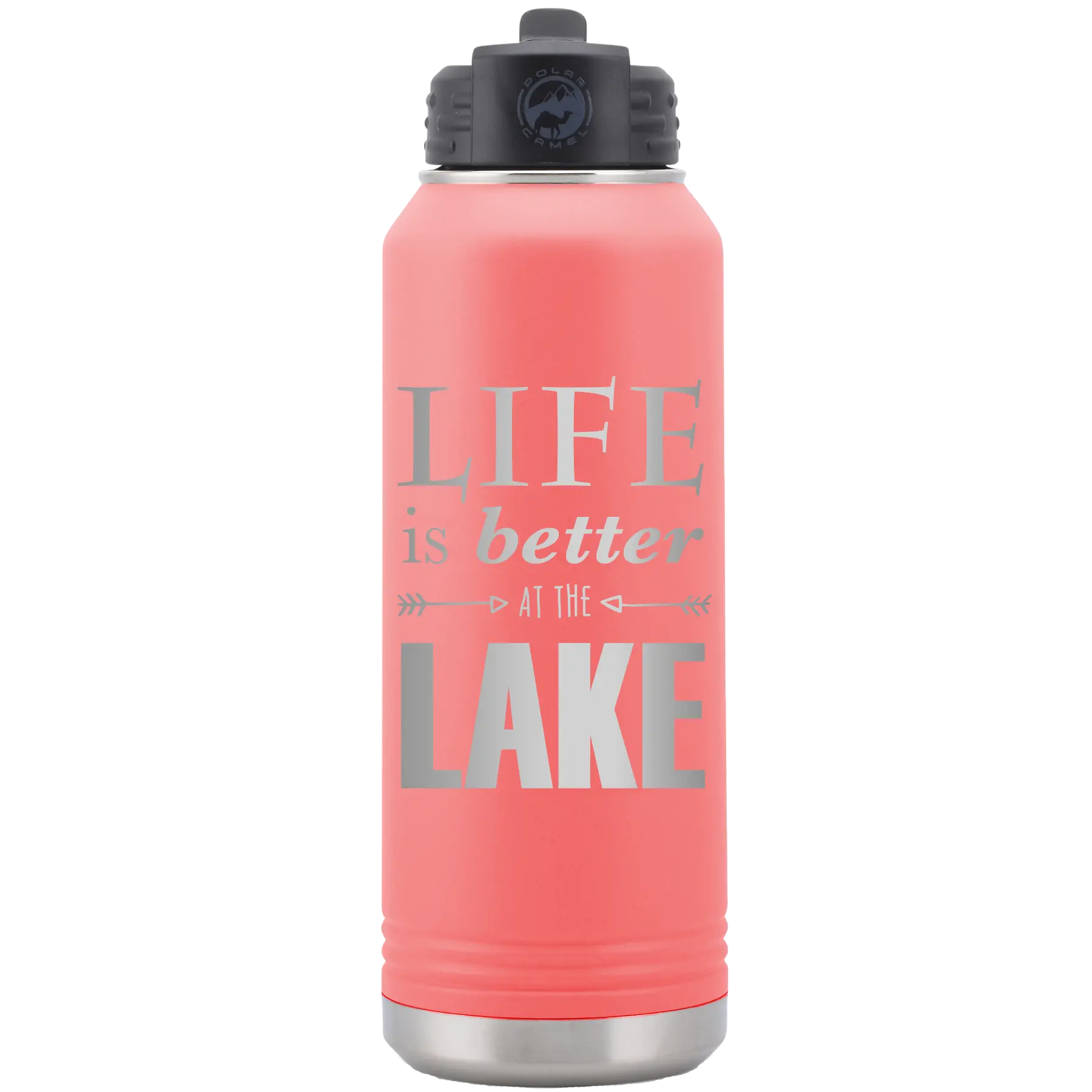 Laser etched coral 32 oz vacuum insulated water bottle with 'Life is Better at the Lake' design
