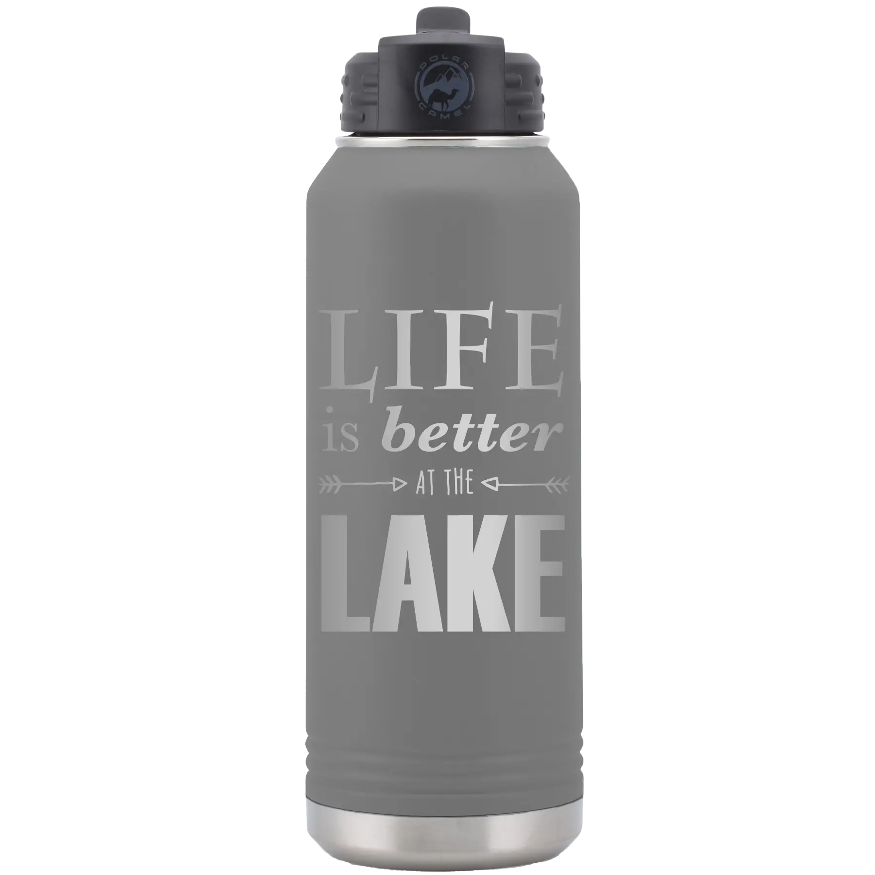 Laser etched dark gray 32 oz vacuum insulated water bottle with 'Life is Better at the Lake' design