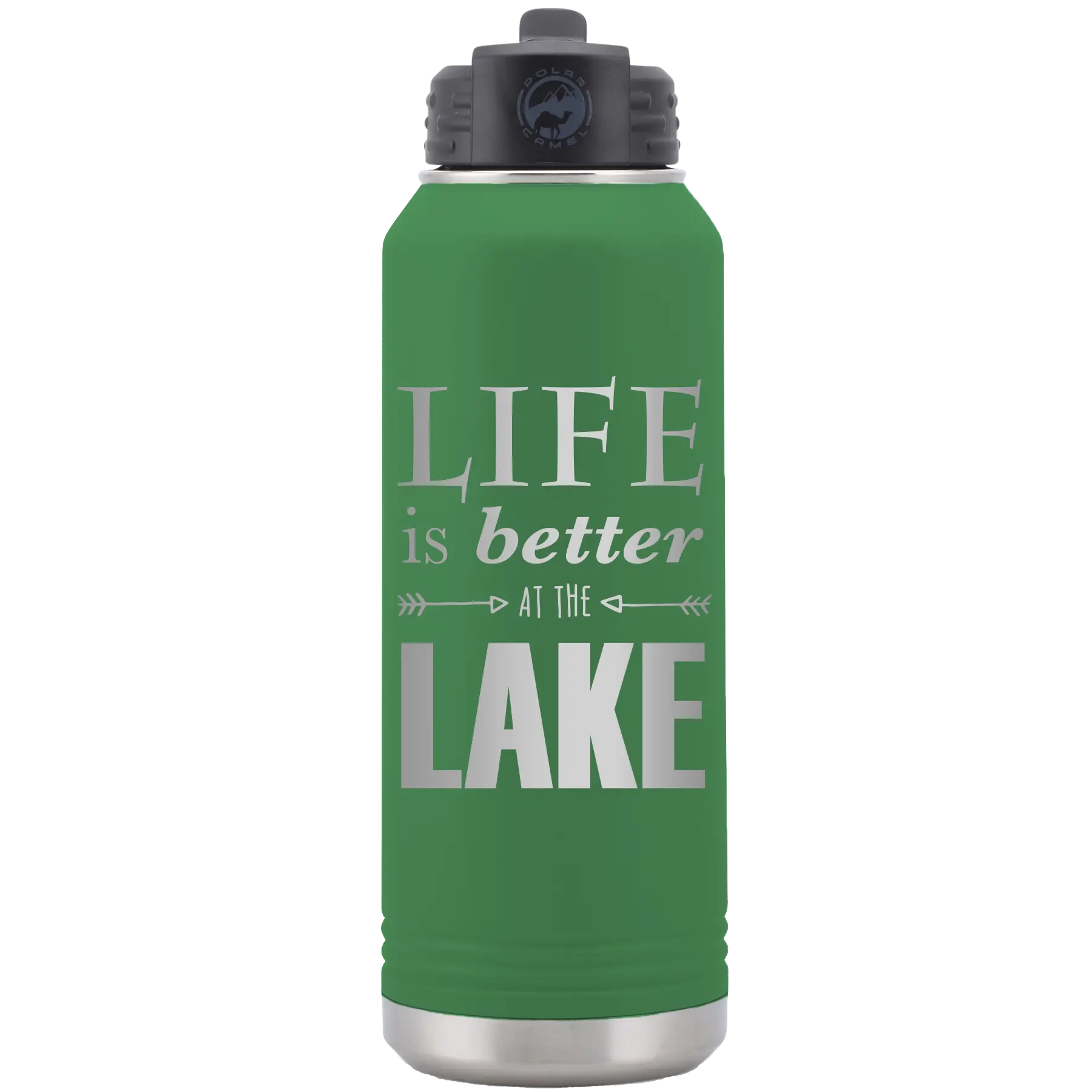 Laser etched green 32 oz vacuum insulated water bottle with 'Life is Better at the Lake' design