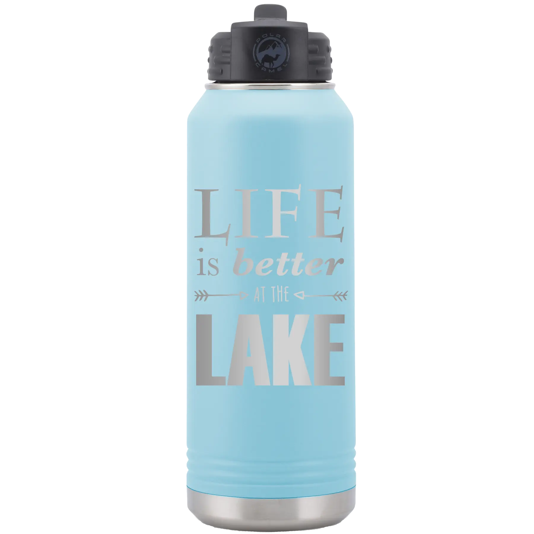 Laser etched light blue 32 oz vacuum insulated water bottle with 'Life is Better at the Lake' design
