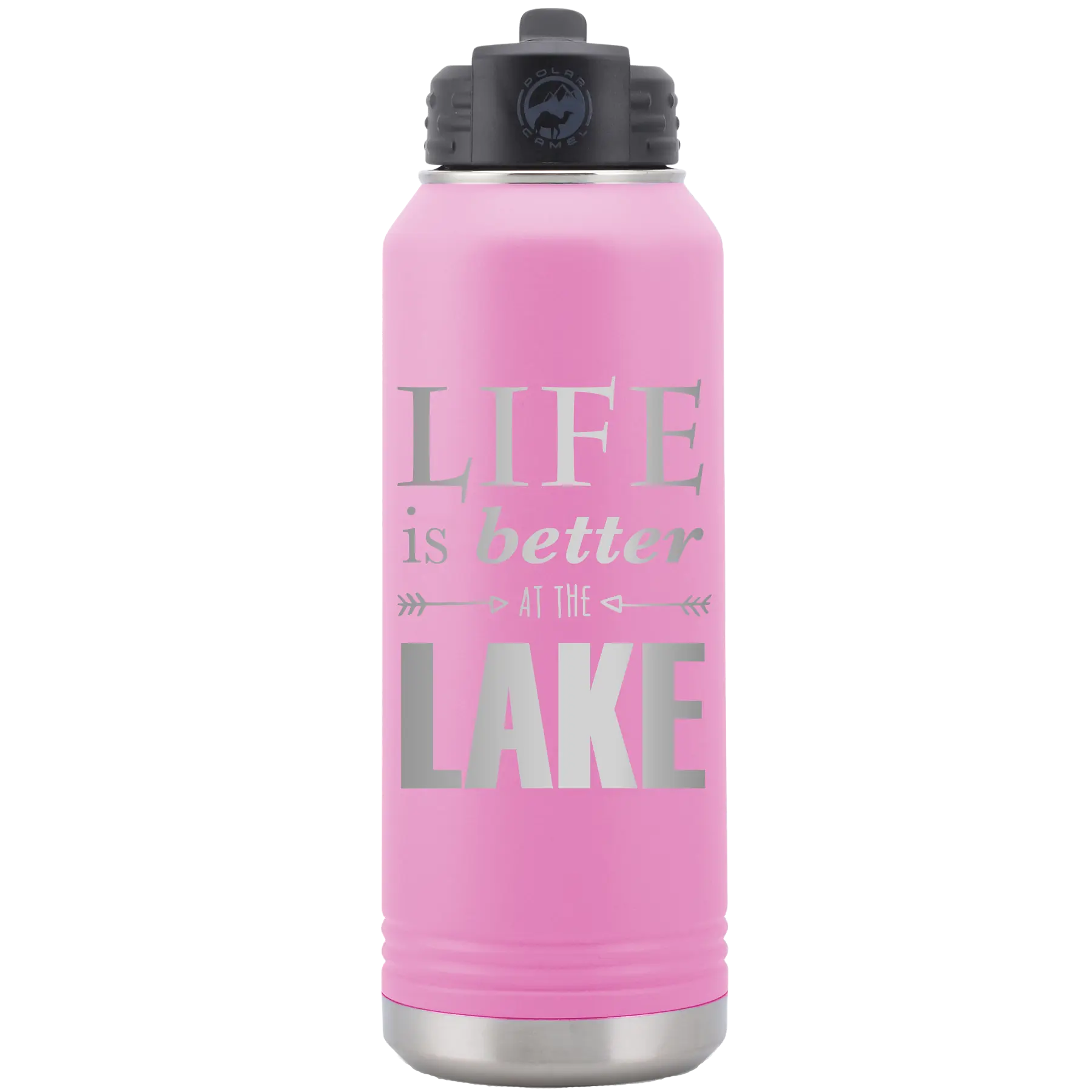 Laser etched light purple 32 oz vacuum insulated water bottle with 'Life is Better at the Lake' design