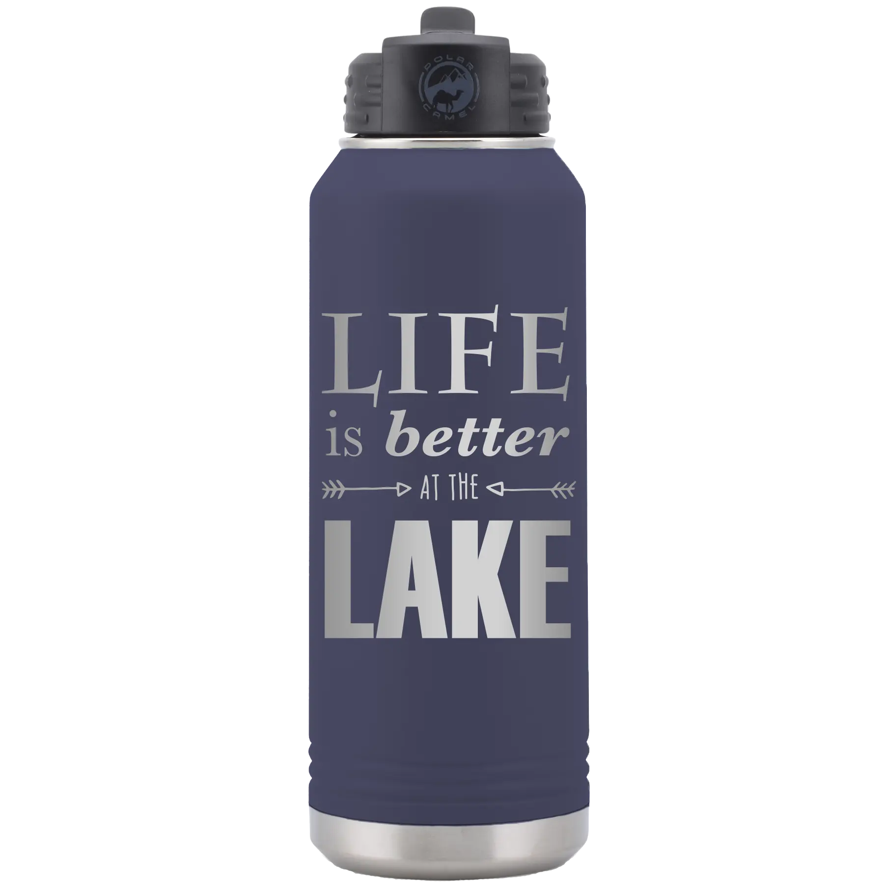 Laser etched navy 32 oz vacuum insulated water bottle with 'Life is Better at the Lake' design