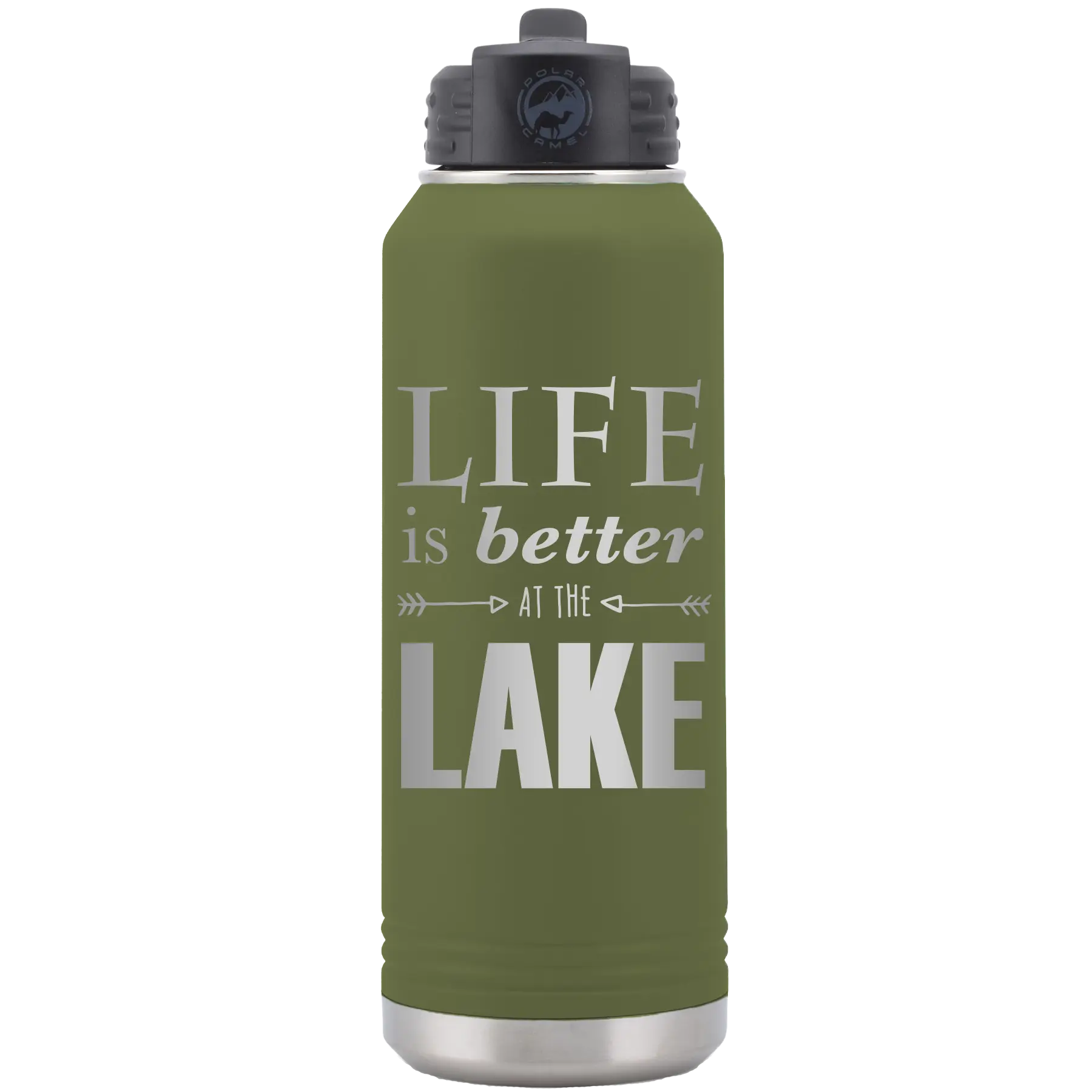 Laser etched olive green 32 oz vacuum insulated water bottle with 'Life is Better at the Lake' design