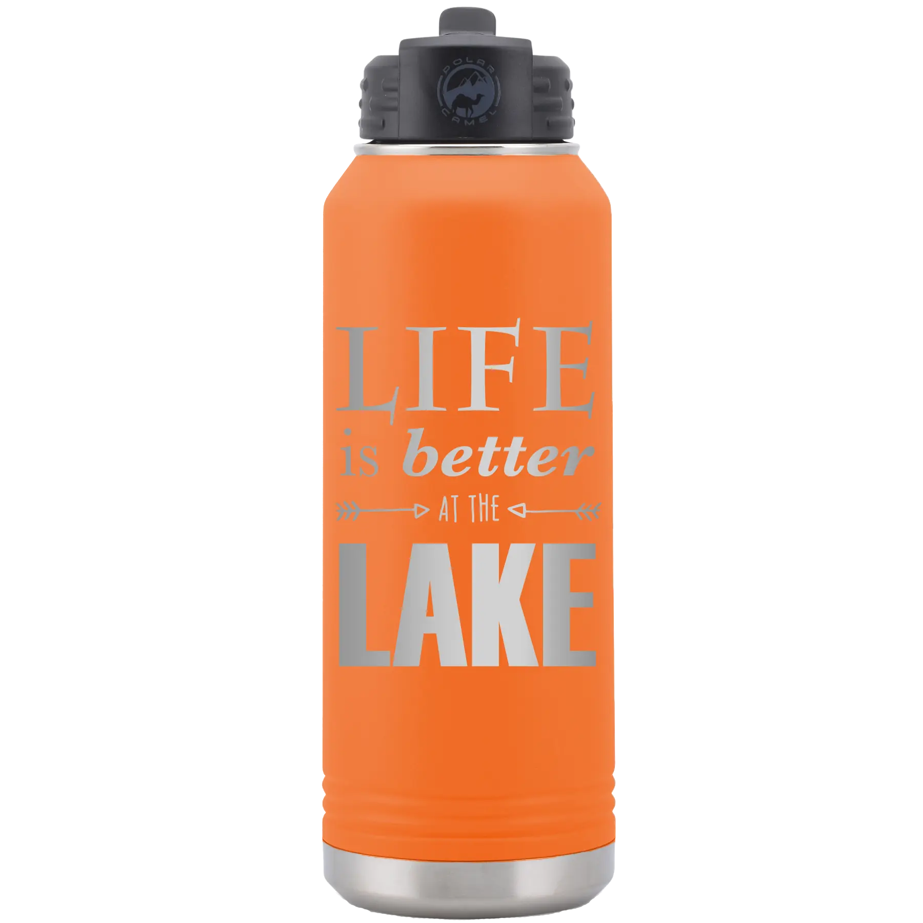Laser etched orange 32 oz vacuum insulated water bottle with 'Life is Better at the Lake' design