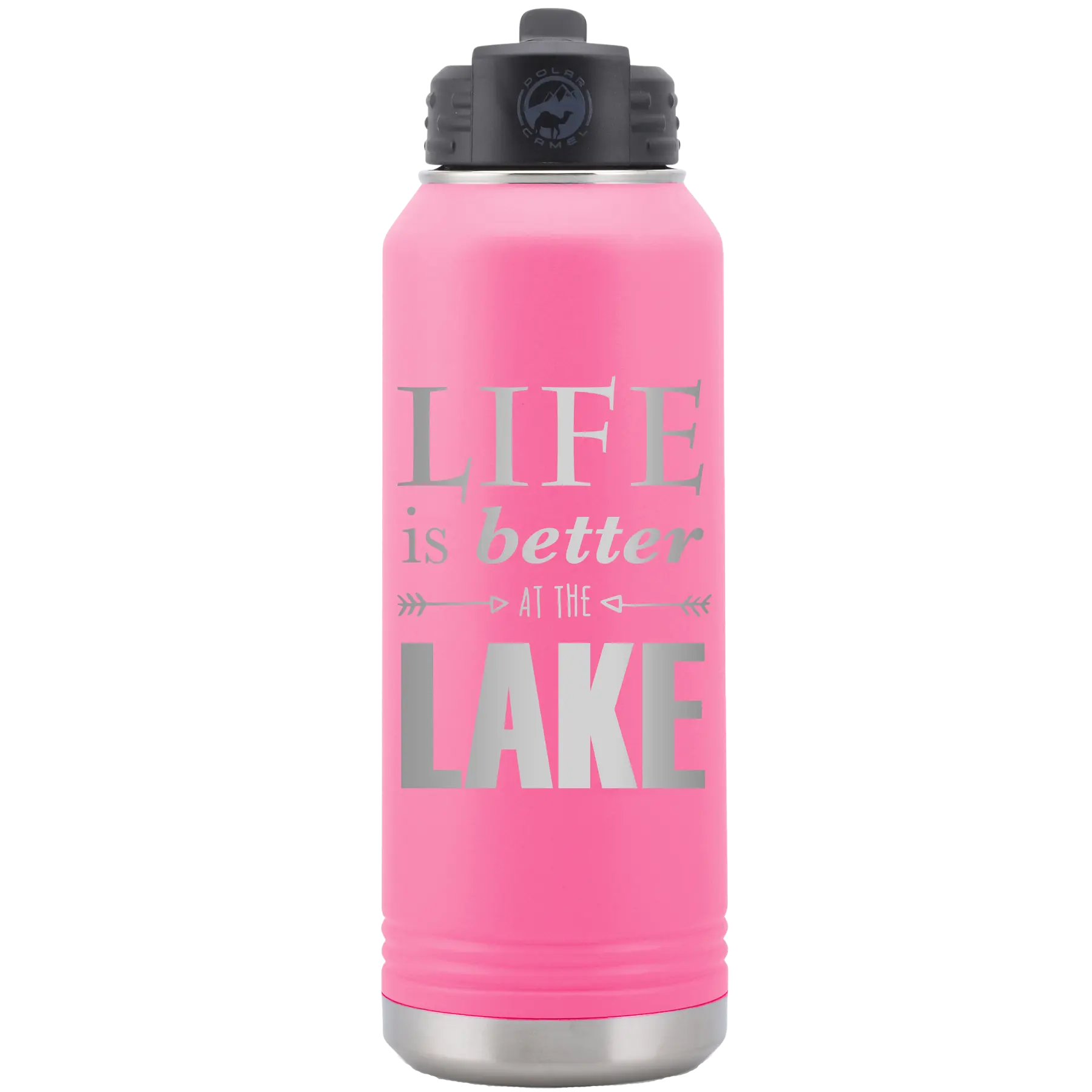 Laser etched pink 32 oz vacuum insulated water bottle with 'Life is Better at the Lake' design