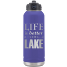 Laser etched purple 32 oz vacuum insulated water bottle with 'Life is Better at the Lake' design