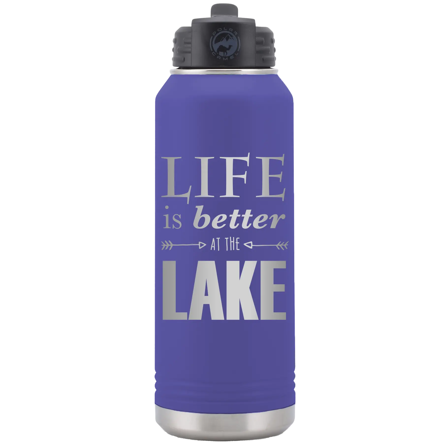 Laser etched purple 32 oz vacuum insulated water bottle with 'Life is Better at the Lake' design