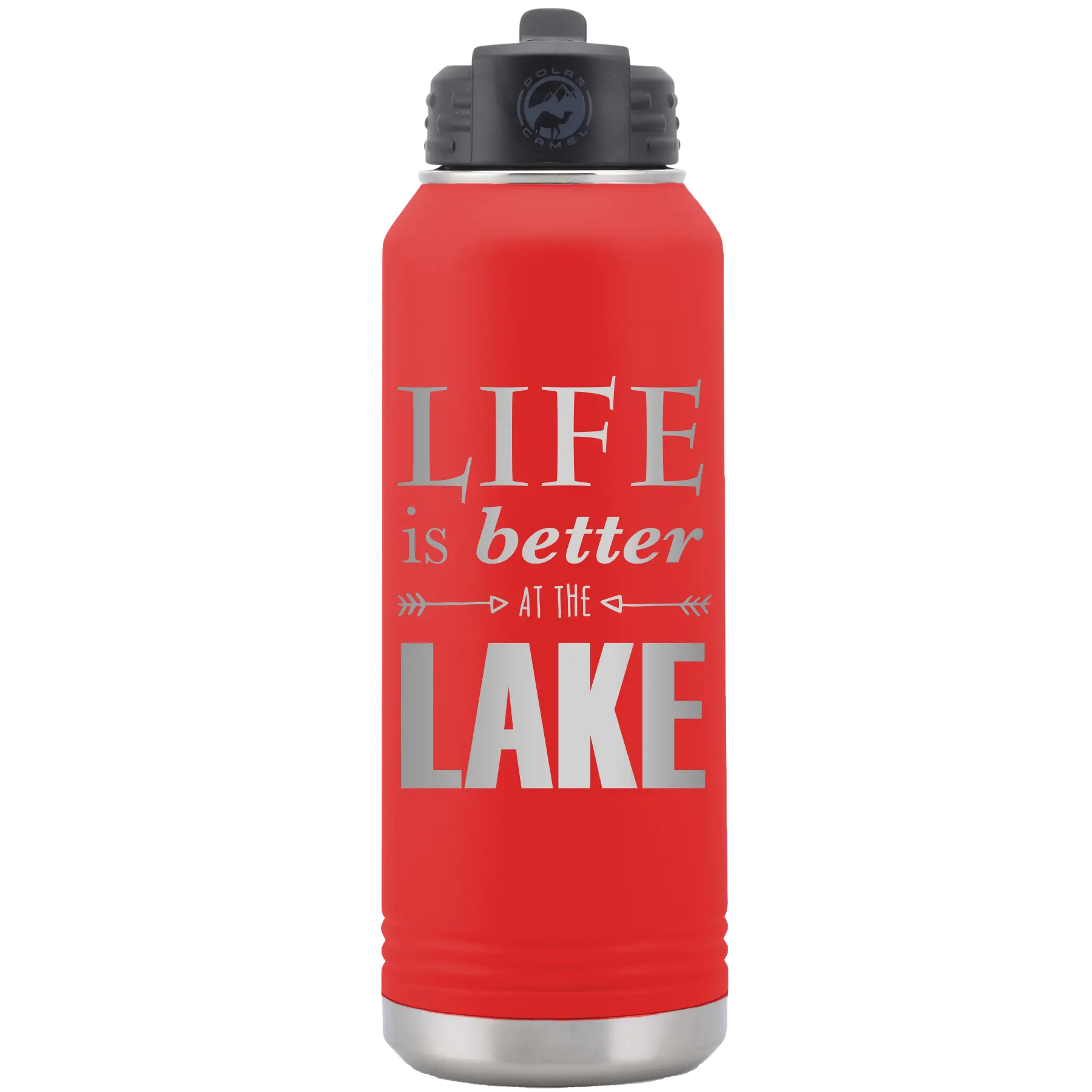 Laser etched red 32 oz vacuum insulated water bottle with 'Life is Better at the Lake' design