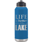 Laser etched royal blue 32 oz vacuum insulated water bottle with 'Life is Better at the Lake' design