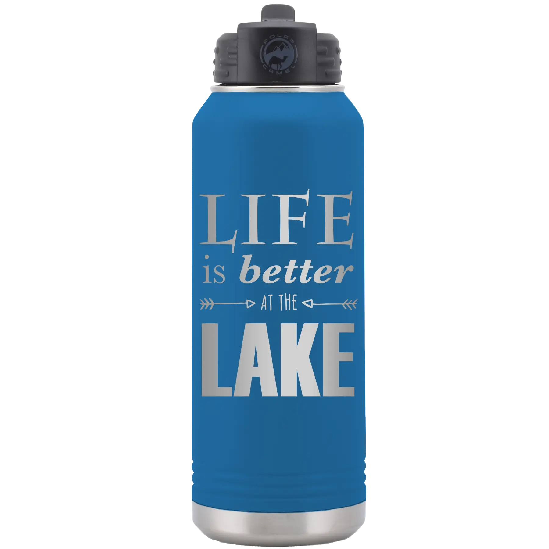 Laser etched royal blue 32 oz vacuum insulated water bottle with 'Life is Better at the Lake' design