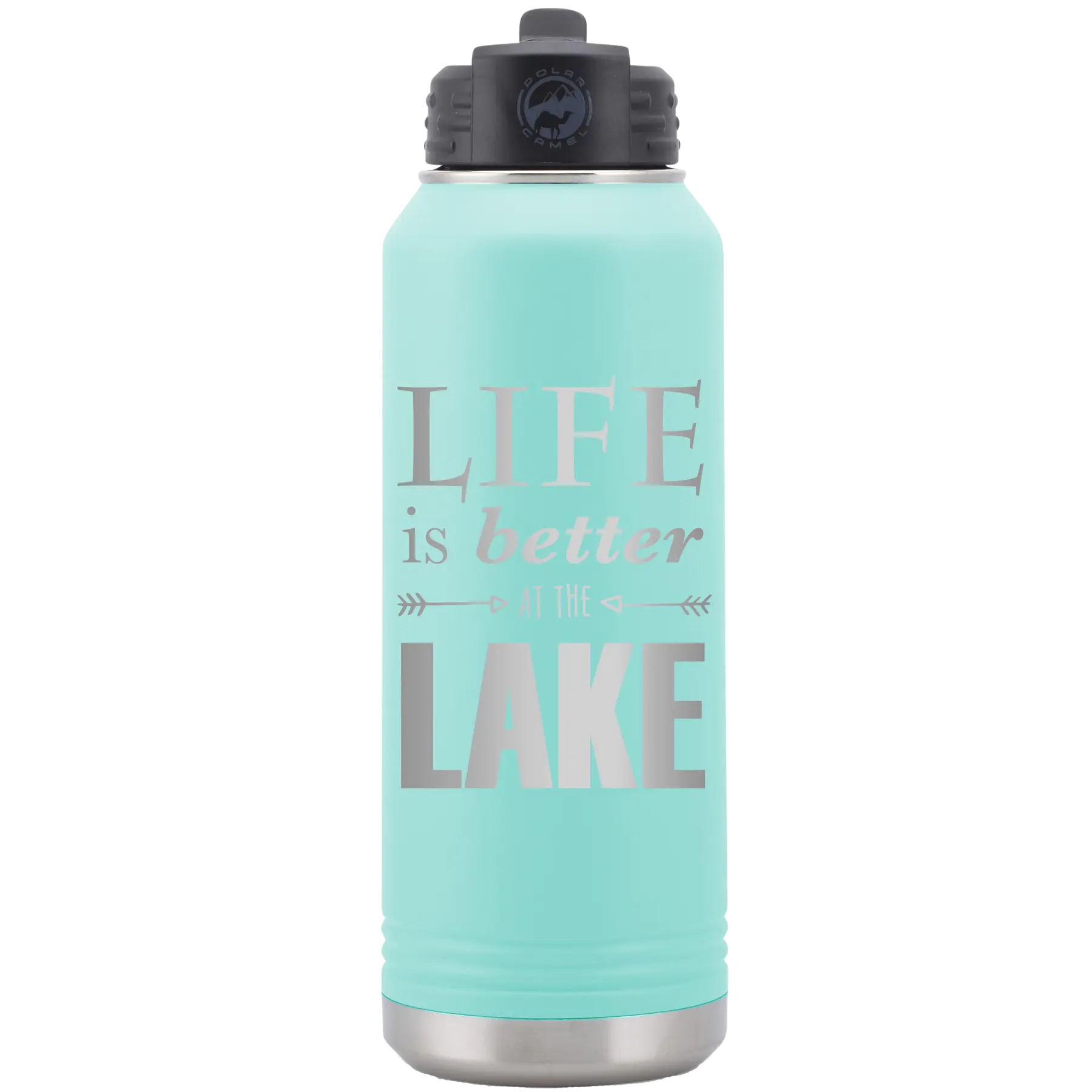 Laser etched teal 32 oz vacuum insulated water bottle with 'Life is Better at the Lake' design