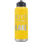 Laser etched yellow 32 oz vacuum insulated water bottle with 'Life is Better at the Lake' design