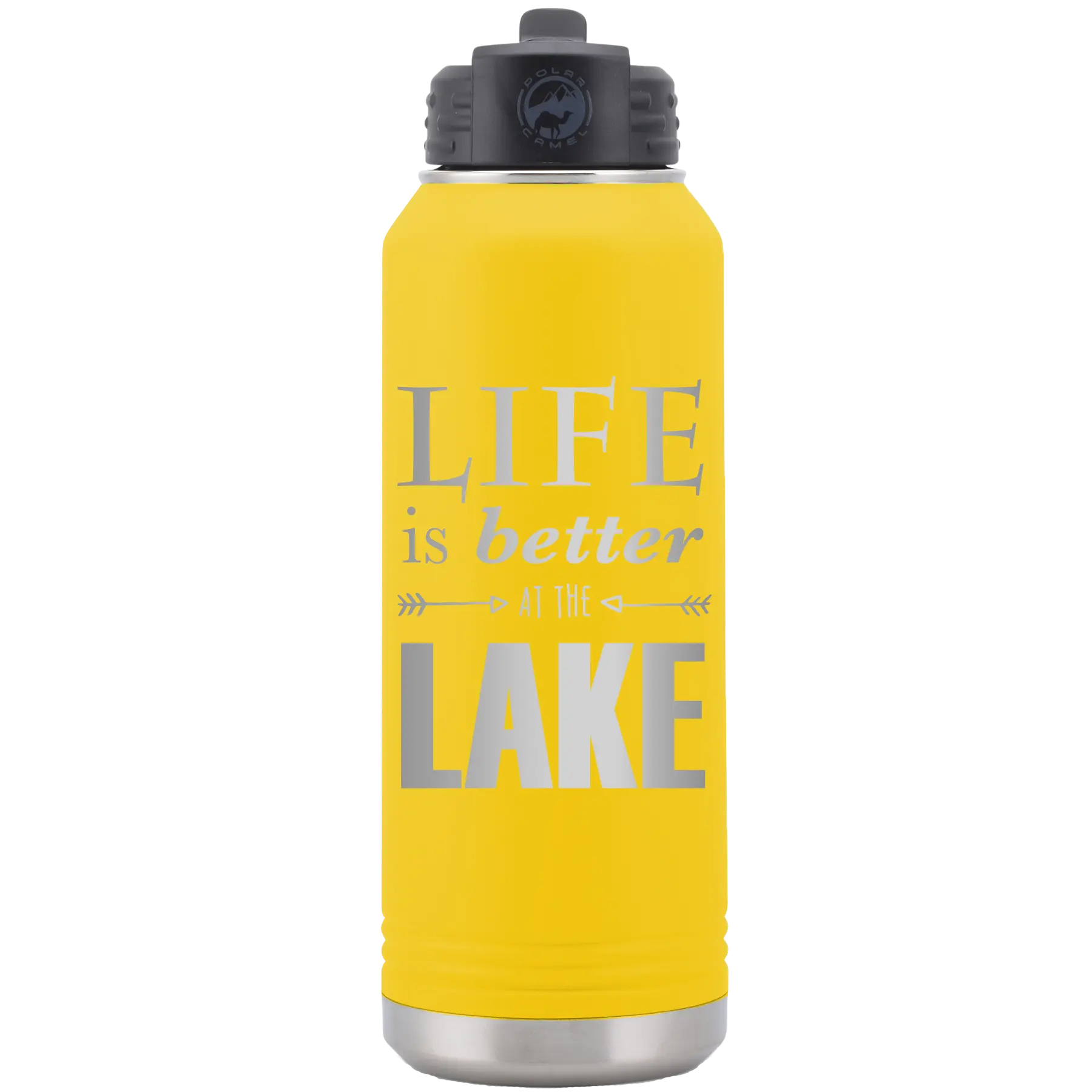 Laser etched yellow 32 oz vacuum insulated water bottle with 'Life is Better at the Lake' design