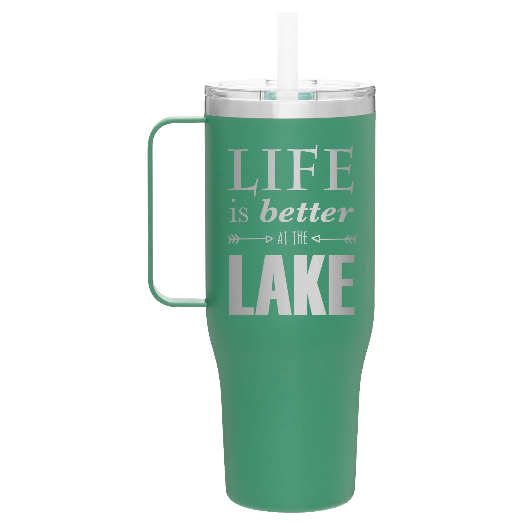 Laser etched forage 40 oz vacuum insulated tumbler mug with 'Life is Better at the Lake' design