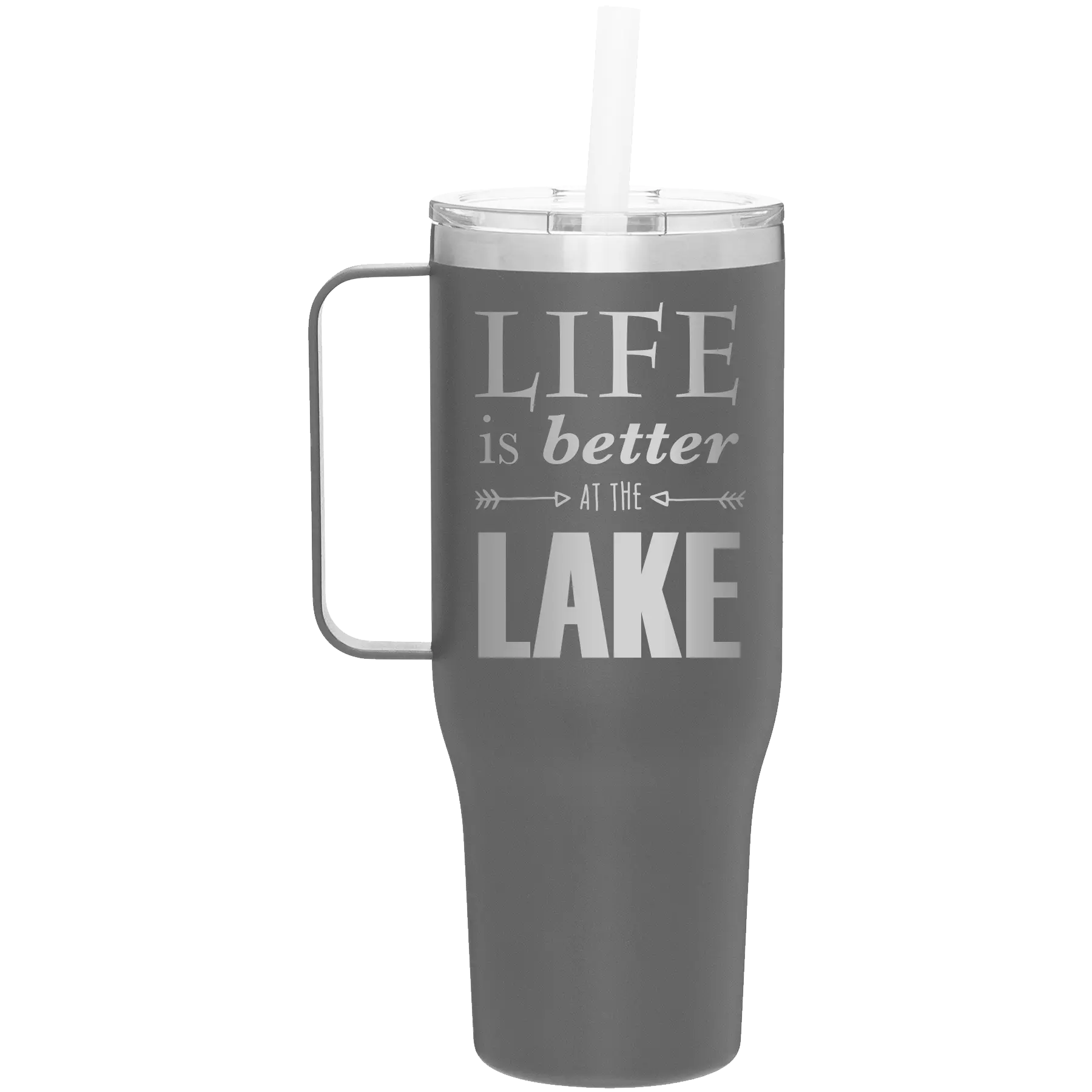 Laser etched slate 40 oz vacuum insulated tumbler mug with 'Life is Better at the Lake' design