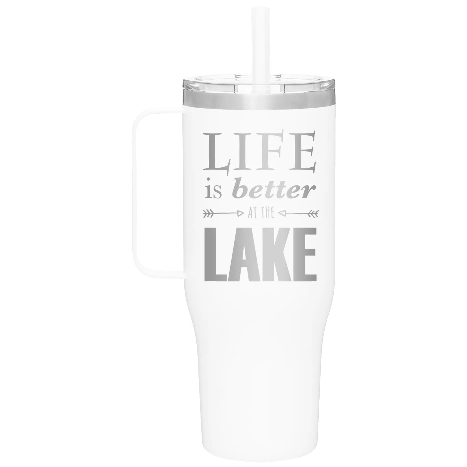 Laser etched white 40 oz vacuum insulated tumbler mug with 'Life is Better at the Lake' design