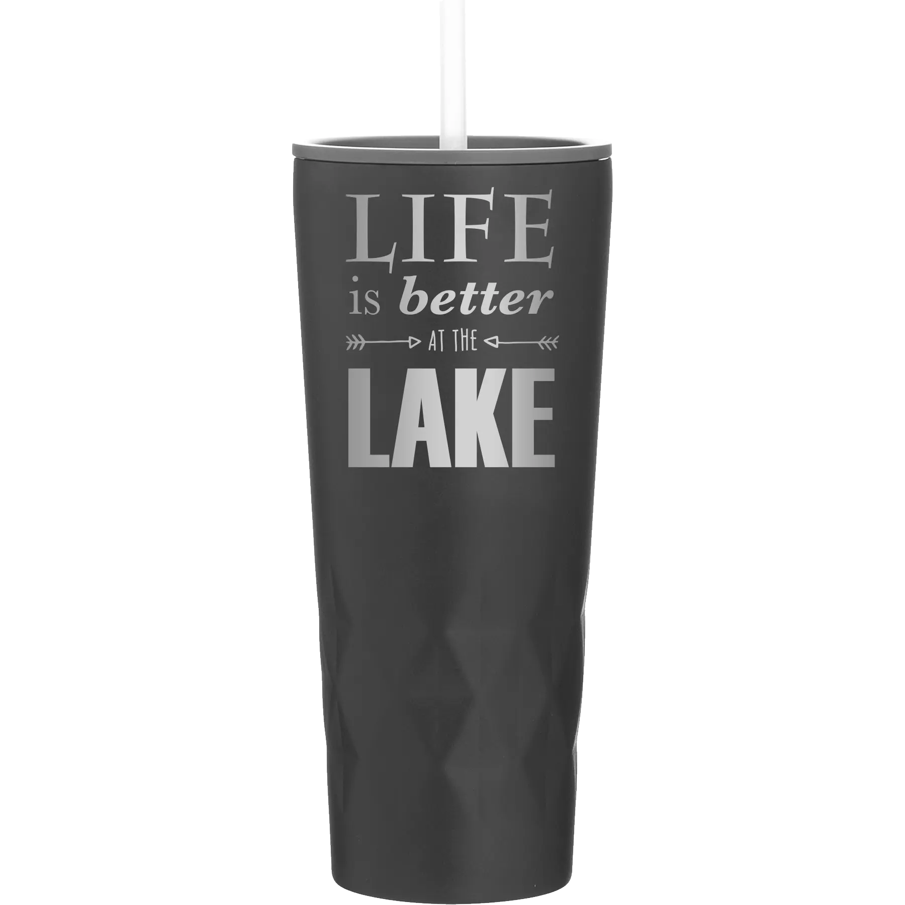 Laser etched black 20 oz vacuum insulated tumbler with 'Life is Better at the Lake' design