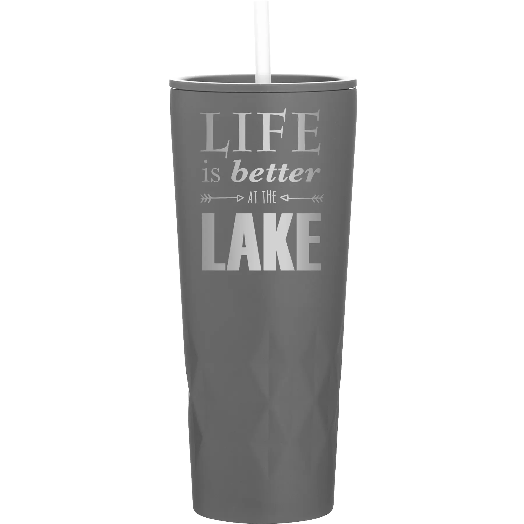 Laser etched slate 20 oz vacuum insulated tumbler with 'Life is Better at the Lake' design
