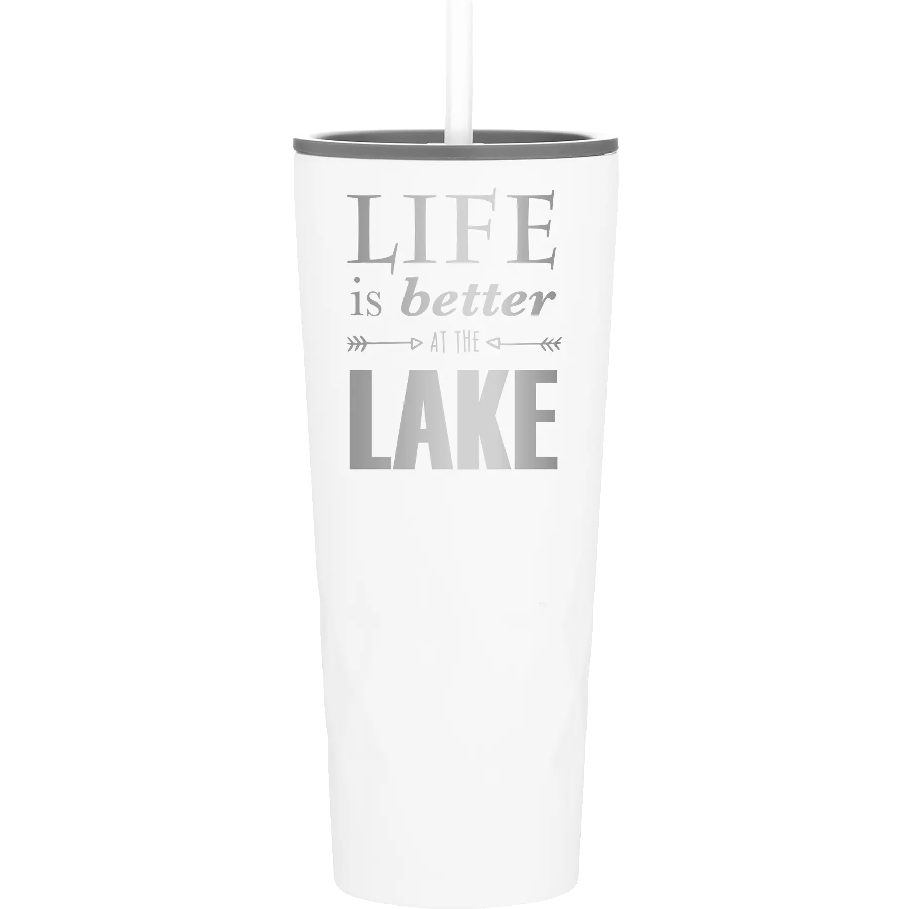 Laser etched white 20 oz vacuum insulated tumbler with 'Life is Better at the Lake' design