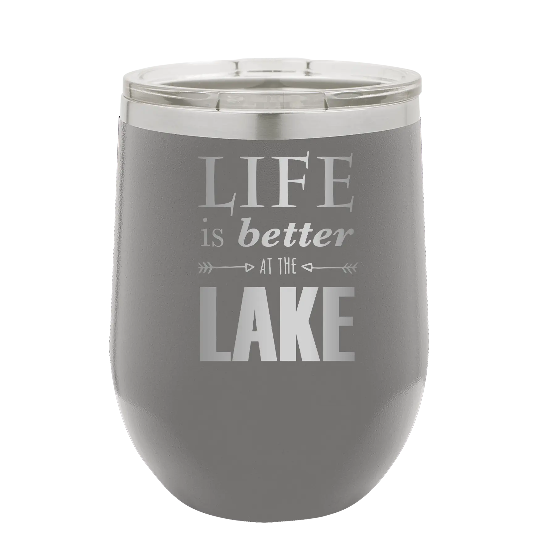 Laser etched dark gray 12 oz vacuum insulated wine cup with 'Life is Better at the Lake' design