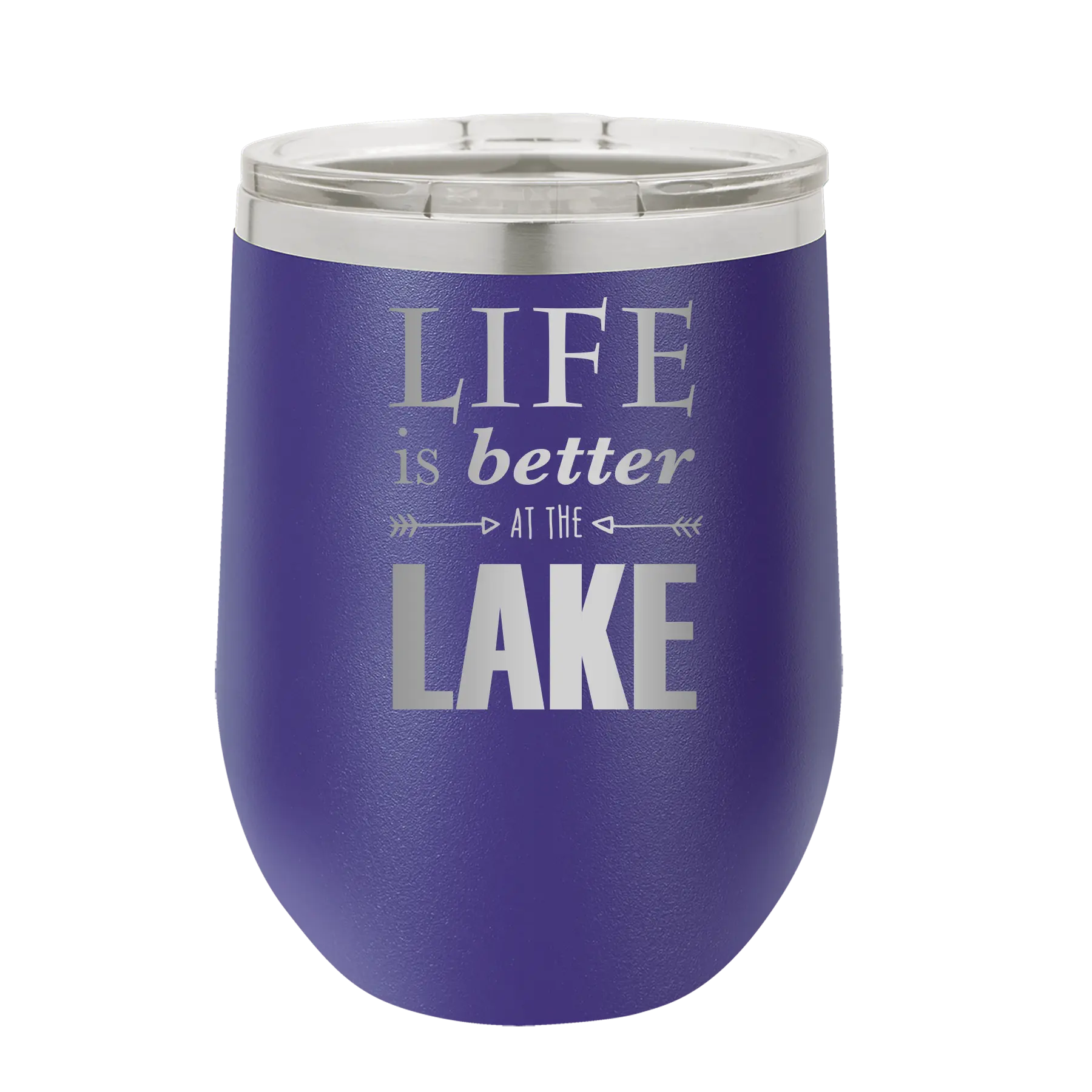 Laser etched purple 12 oz vacuum insulated wine cup with 'Life is Better at the Lake' design