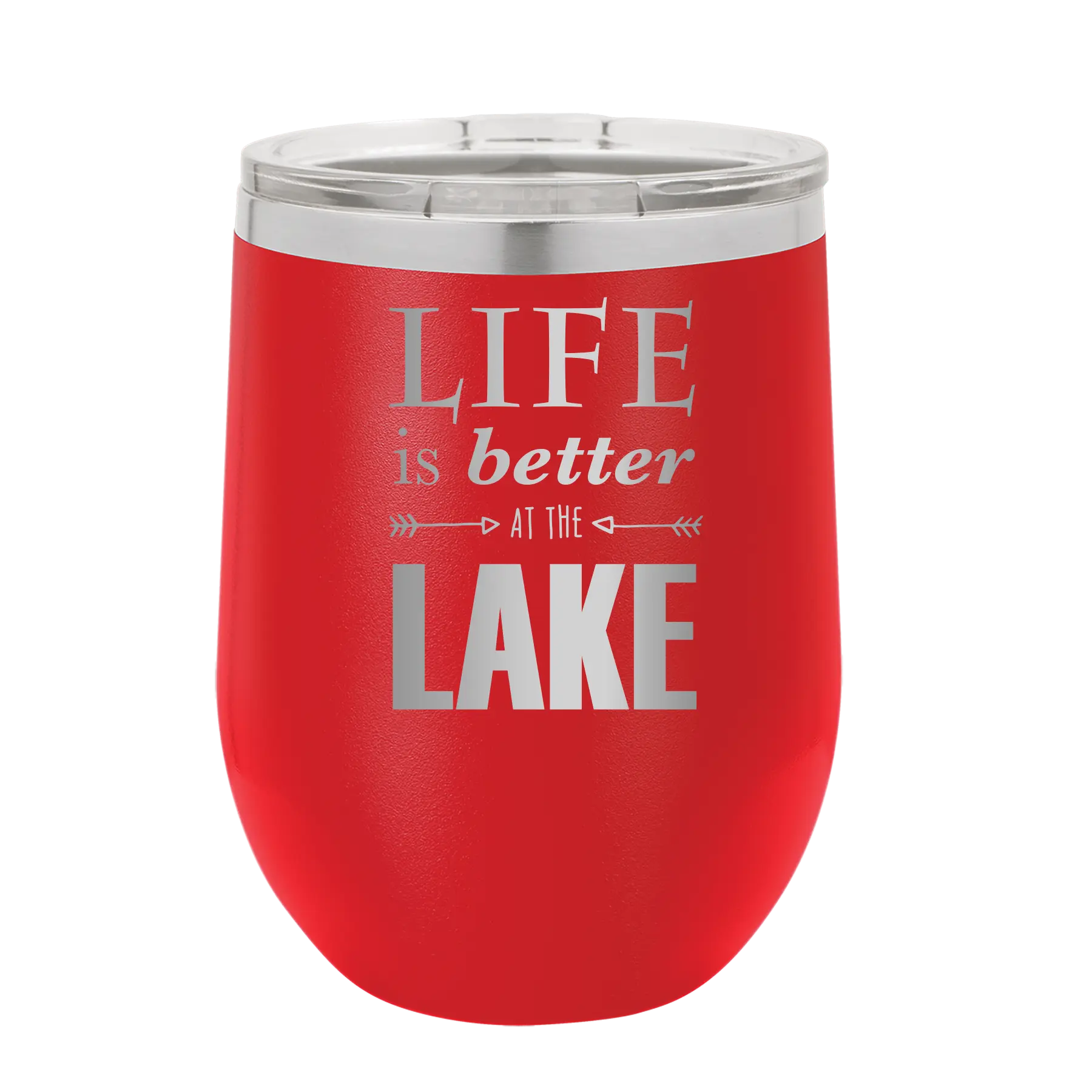 Laser etched red 12 oz vacuum insulated wine cup with 'Life is Better at the Lake' design