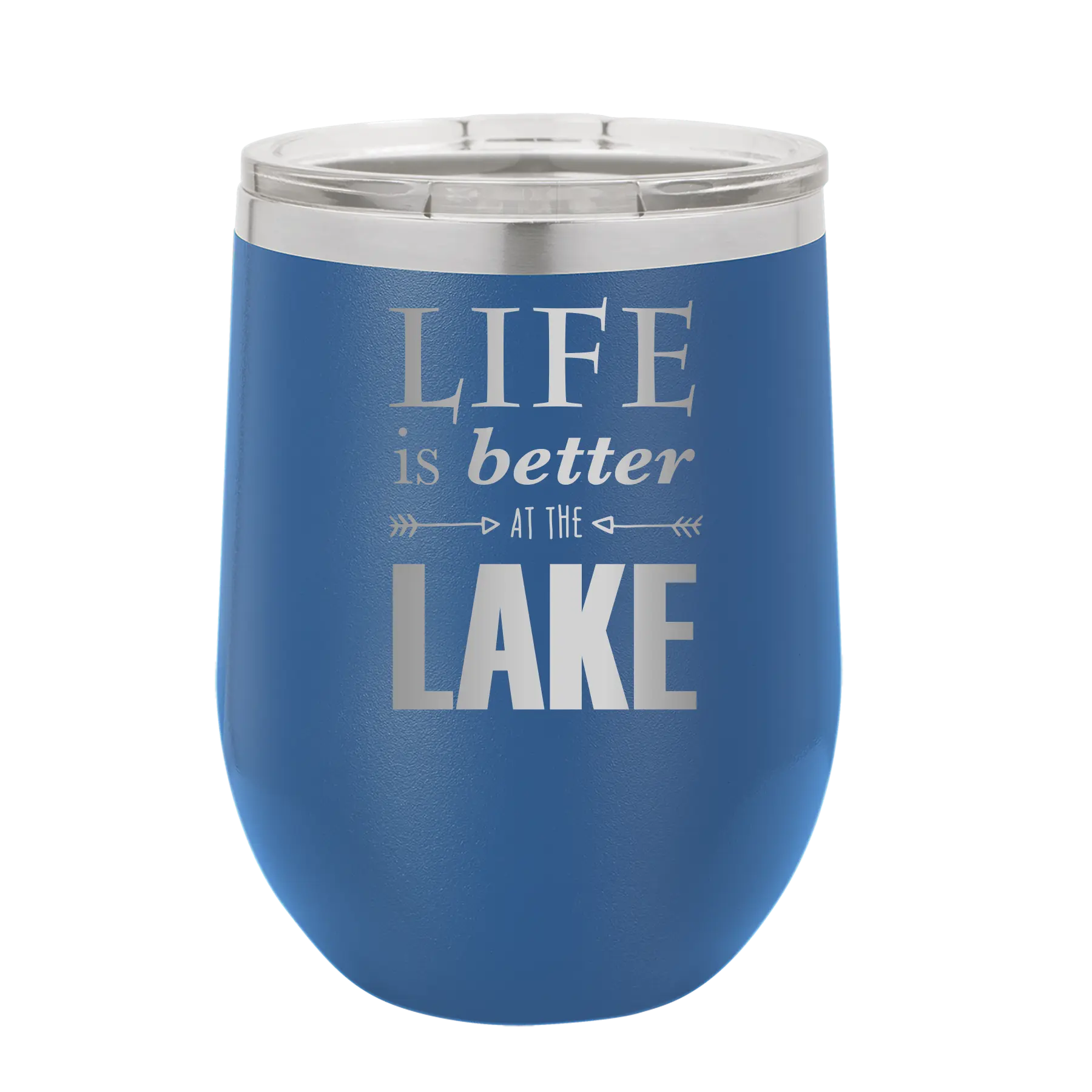 Laser etched royal blue 12 oz vacuum insulated wine cup with 'Life is Better at the Lake' design